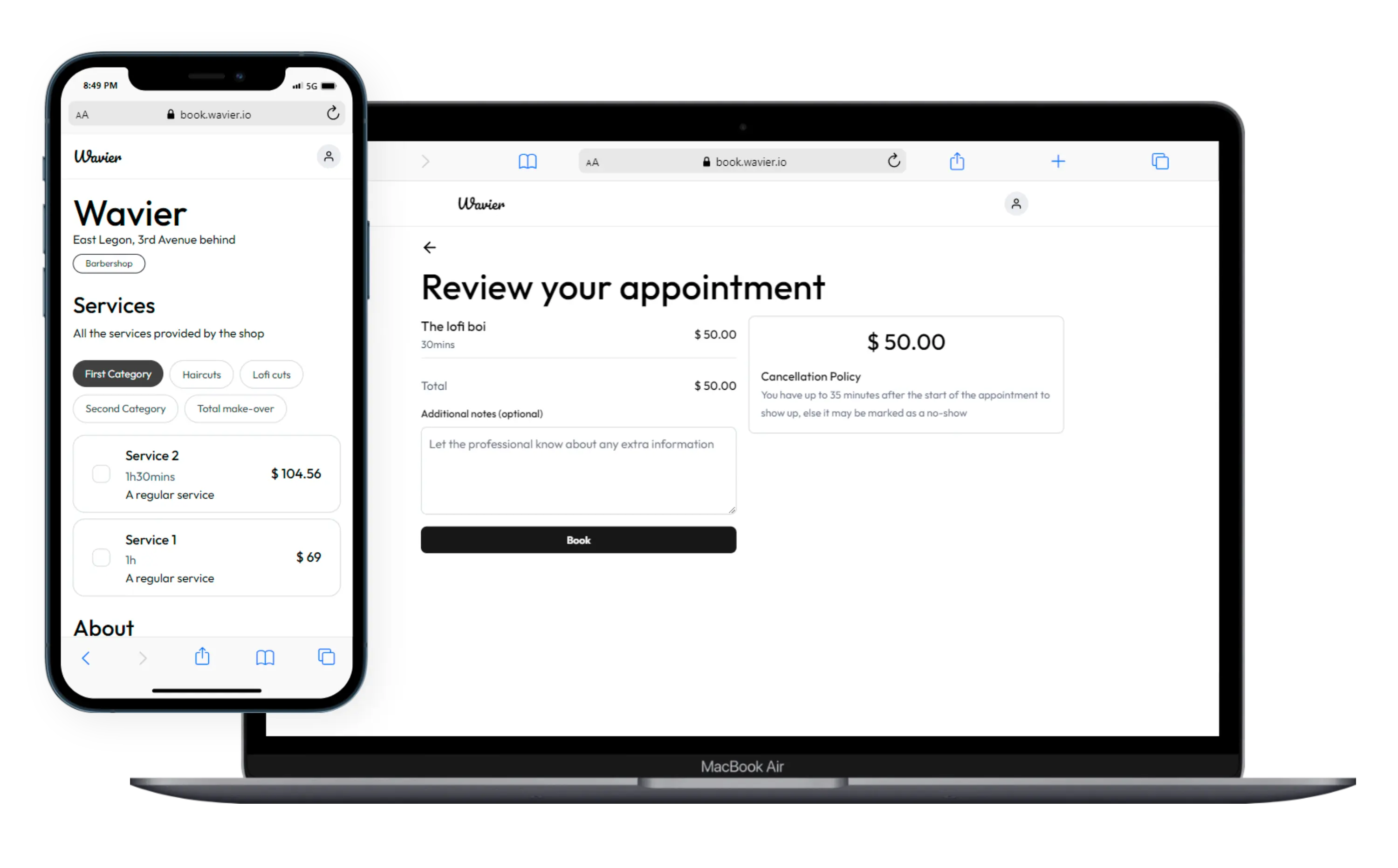 A screenshot of the mobile app through which clients can book